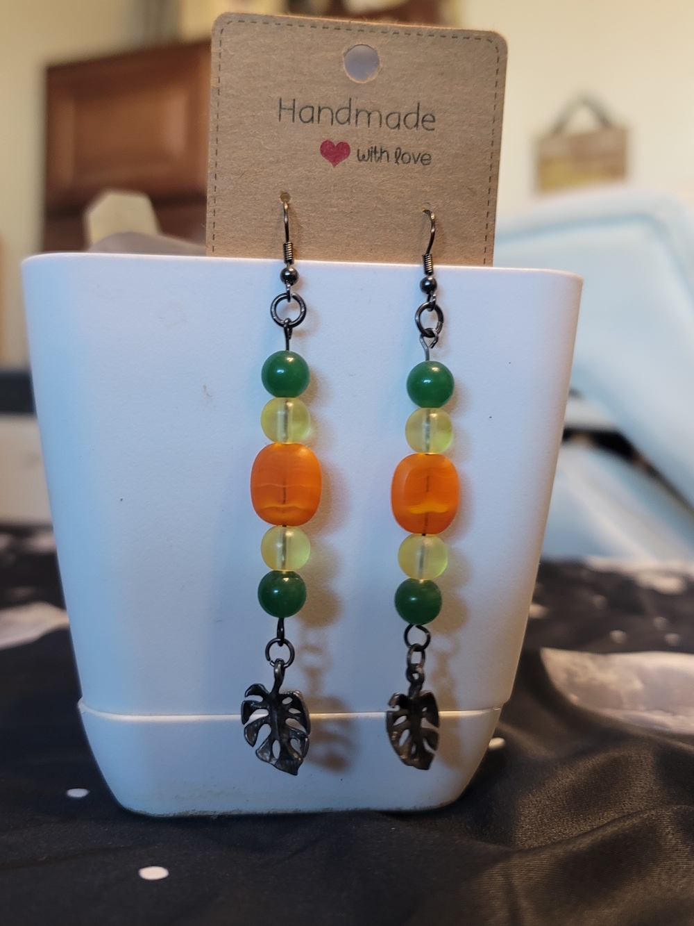 Handmade Green & Orange Beaded Drop Earrings with Leaf Charm